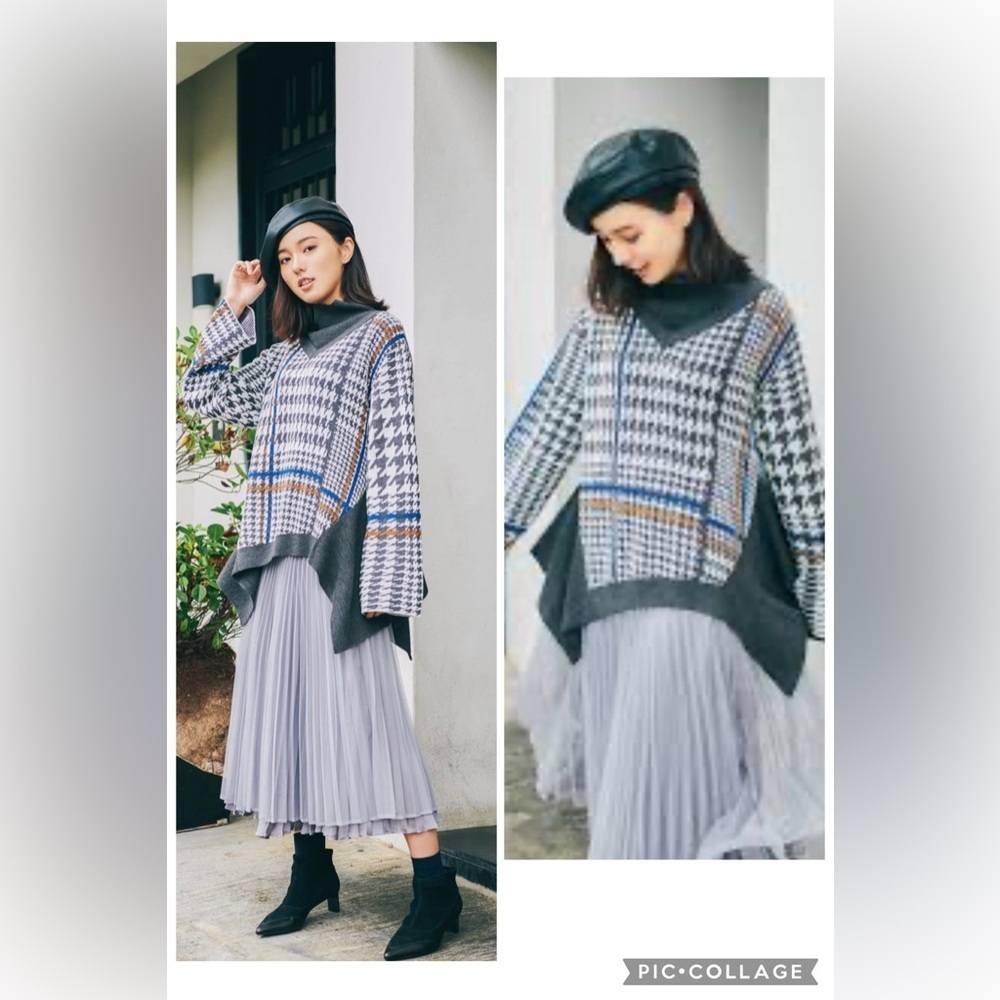 Initial Parisian Street Style Houndstooth Preppy Wool Blend Sweater Size M